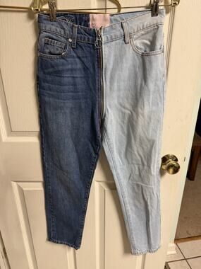 REVICE Denim Yin Yang Two Tone Split Blue Jeans High Rise Straight Leg Size 28